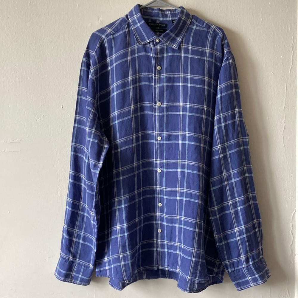 Saks Fifth Avenue Slim Fit 100% Linen Plaid Button Down Shirt XXL